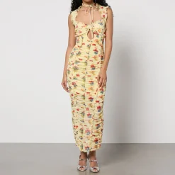 Dresses|Dresses|De La Vali Ruched Floral-Print Chiffon Midi Dress - UK 10
