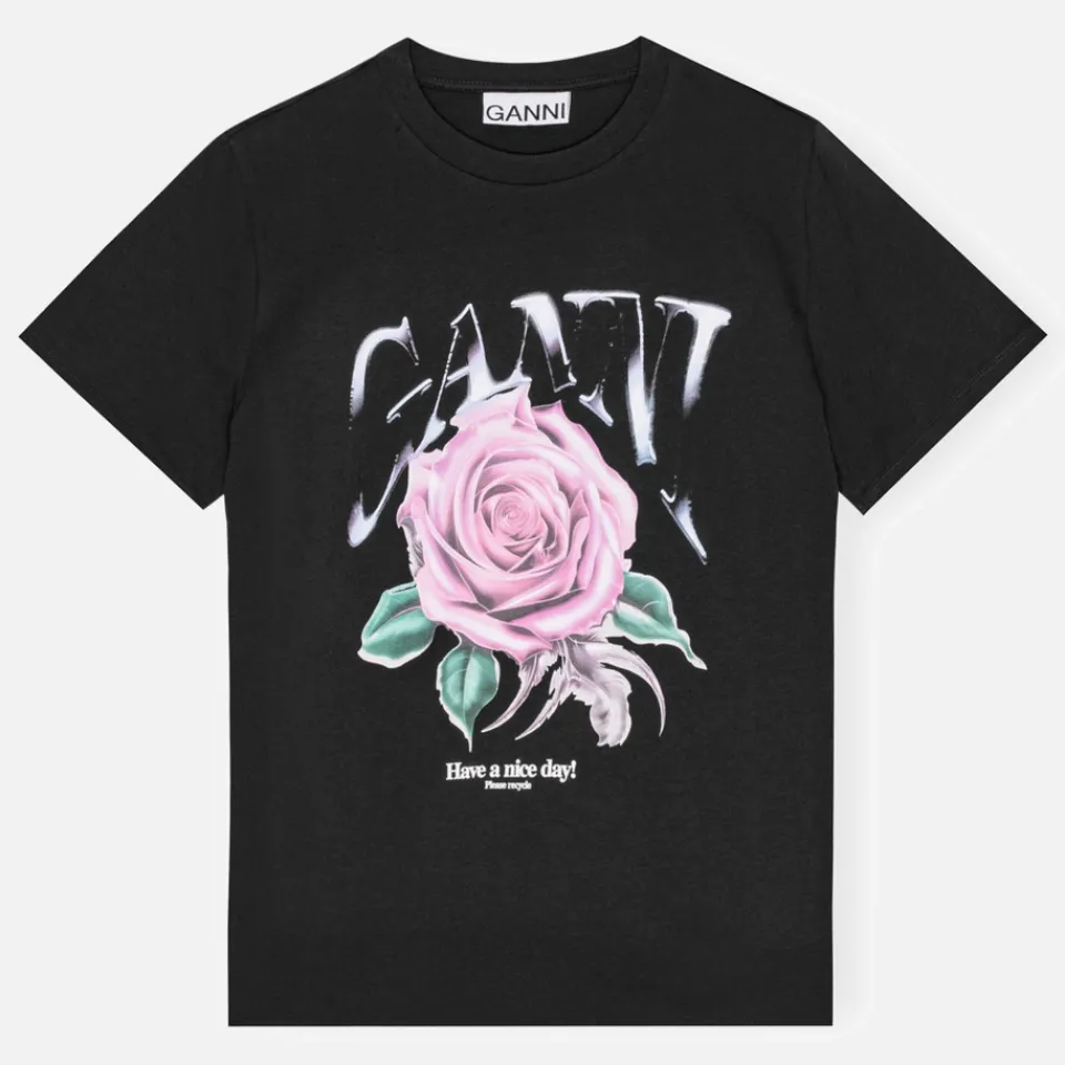 Loungewear|T-Shirts And Tops|Ganni Basic Cotton-Jersey Rose Relaxed T-Shirt - S