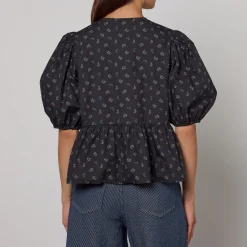 T-Shirts And Tops|Shirts And Blouses|Ganni Ditsy-Print Organic Cotton Peplum Blouse - UK 6
