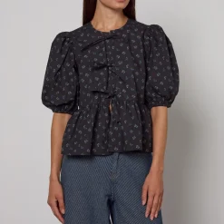 T-Shirts And Tops|Shirts And Blouses|Ganni Ditsy-Print Organic Cotton Peplum Blouse - UK 6