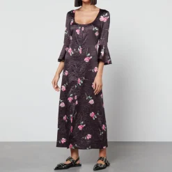 Dresses|Dresses|Samsøe Samsøe Ganni Floral-Print Crinkled Satin Midi Dress - EU 34/UK 6