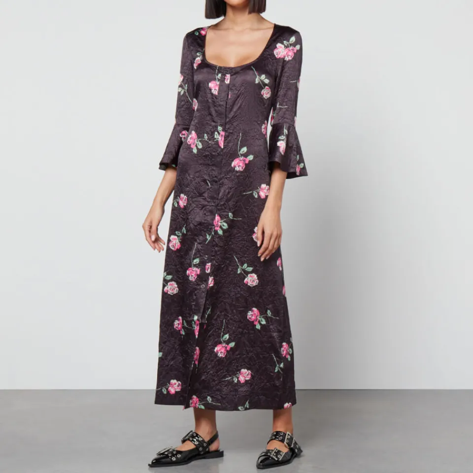Dresses|Dresses|Samsøe Samsøe Ganni Floral-Print Crinkled Satin Midi Dress - EU 34/UK 6