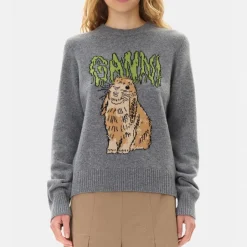 Loungewear|Knitwear|Golden Goose Ganni Graphic Bunny Crewneck Wool-Blend Knit Jumper - XS
