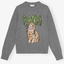 Loungewear|Knitwear|Golden Goose Ganni Graphic Bunny Crewneck Wool-Blend Knit Jumper - XS