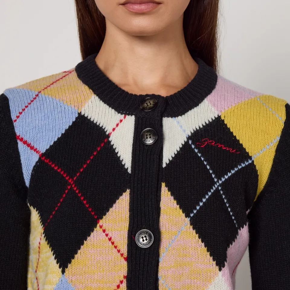 Knitwear|Ganni Harlequin Wool-Blend Knit Cardigan - M