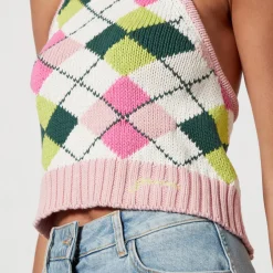 T-Shirts And Tops|Shirts And Blouses|Good American Ganni Intarsia-Knit Cotton Halterneck Top - XXS