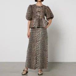 T-Shirts And Tops|Shirts And Blouses|Castañer Ganni Leopard-Print Organic Cotton-Poplin Peplum Blouse - EU 36/UK 8