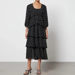 Dresses|Dresses|Toit Volant Ganni Logo-Print Pleated Georgette Midi Dress - EU 34/UK 6
