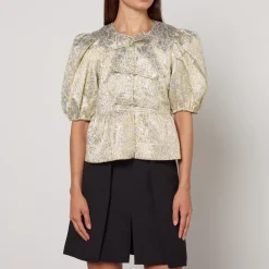 T-Shirts And Tops|Shirts And Blouses|Self-Portrait Ganni Metallic Cloqué Peplum Blouse - UK 6
