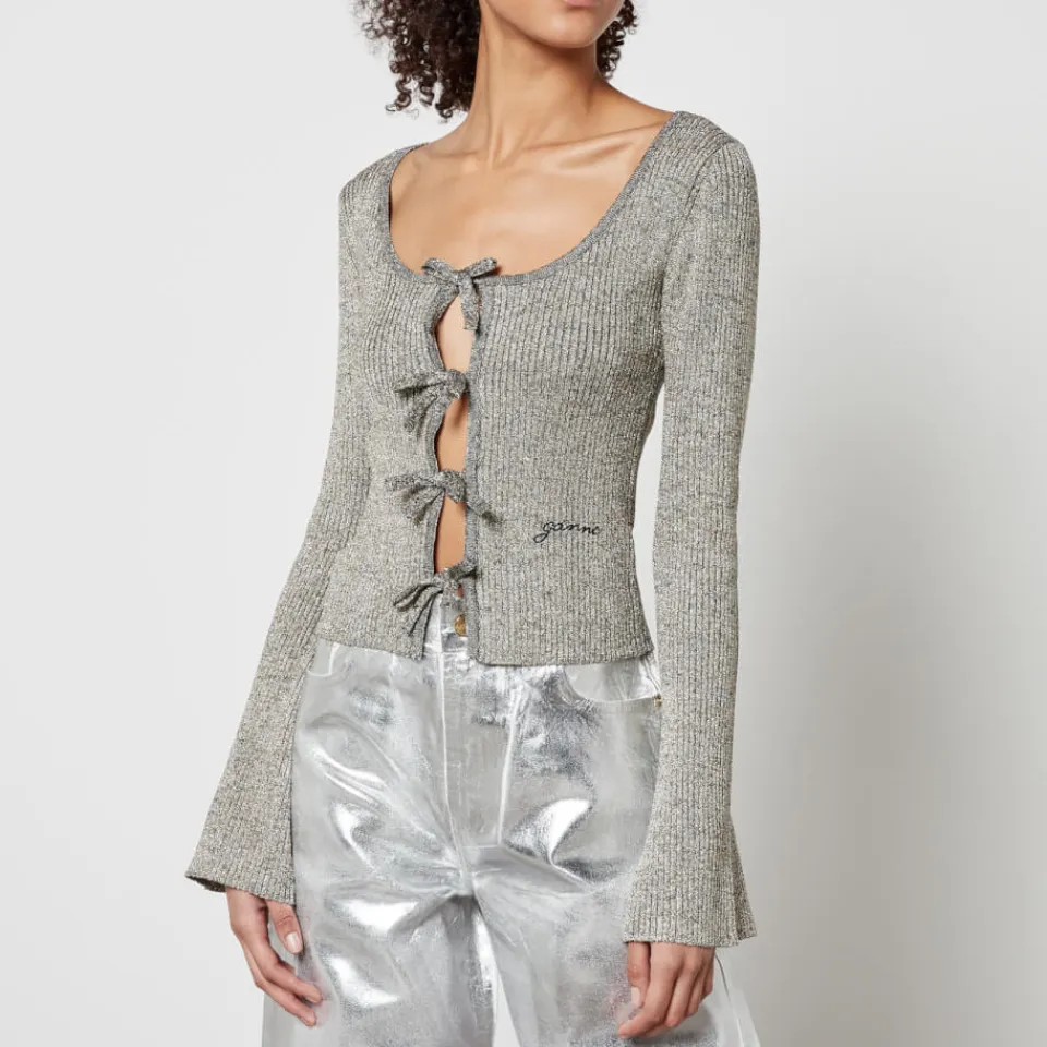 T-Shirts And Tops|Shirts And Blouses|Ganni Metallic Ribbed-Knit Cardigan - M