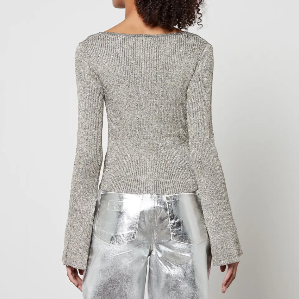 T-Shirts And Tops|Shirts And Blouses|Ganni Metallic Ribbed-Knit Cardigan - M