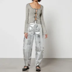 T-Shirts And Tops|Shirts And Blouses|Ganni Metallic Ribbed-Knit Cardigan - M