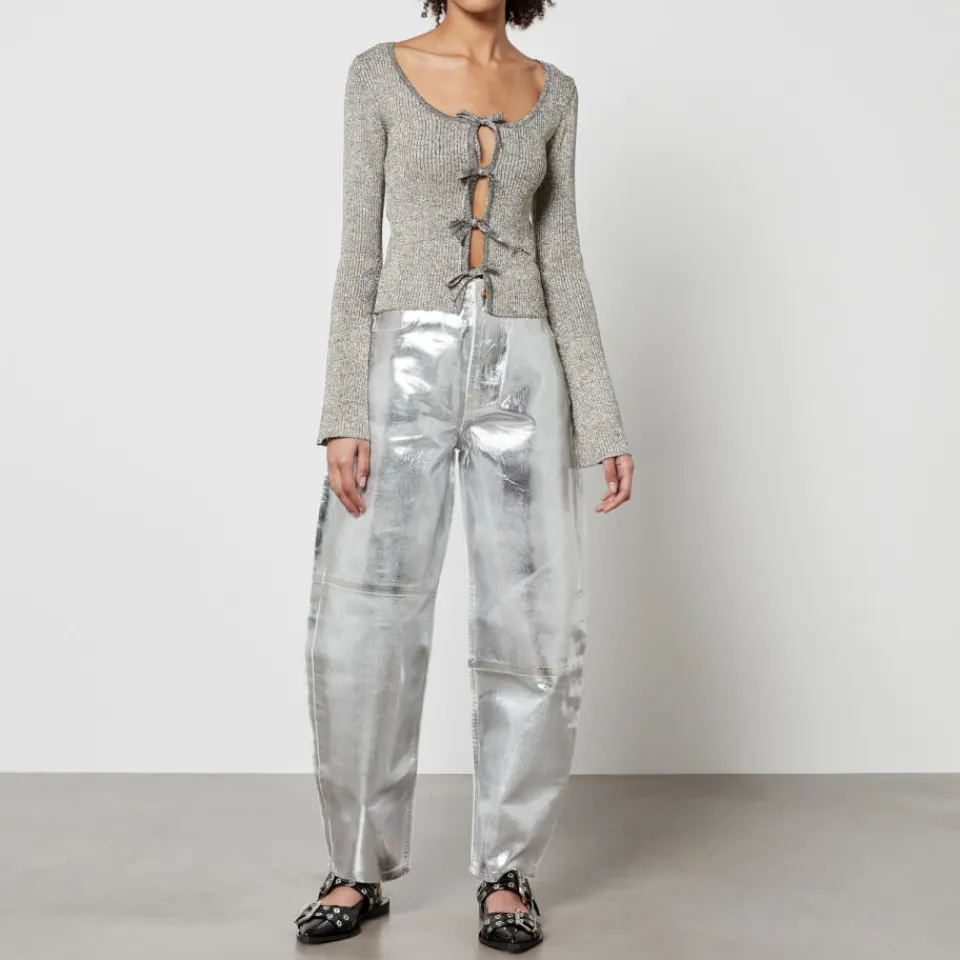 T-Shirts And Tops|Shirts And Blouses|Ganni Metallic Ribbed-Knit Cardigan - M