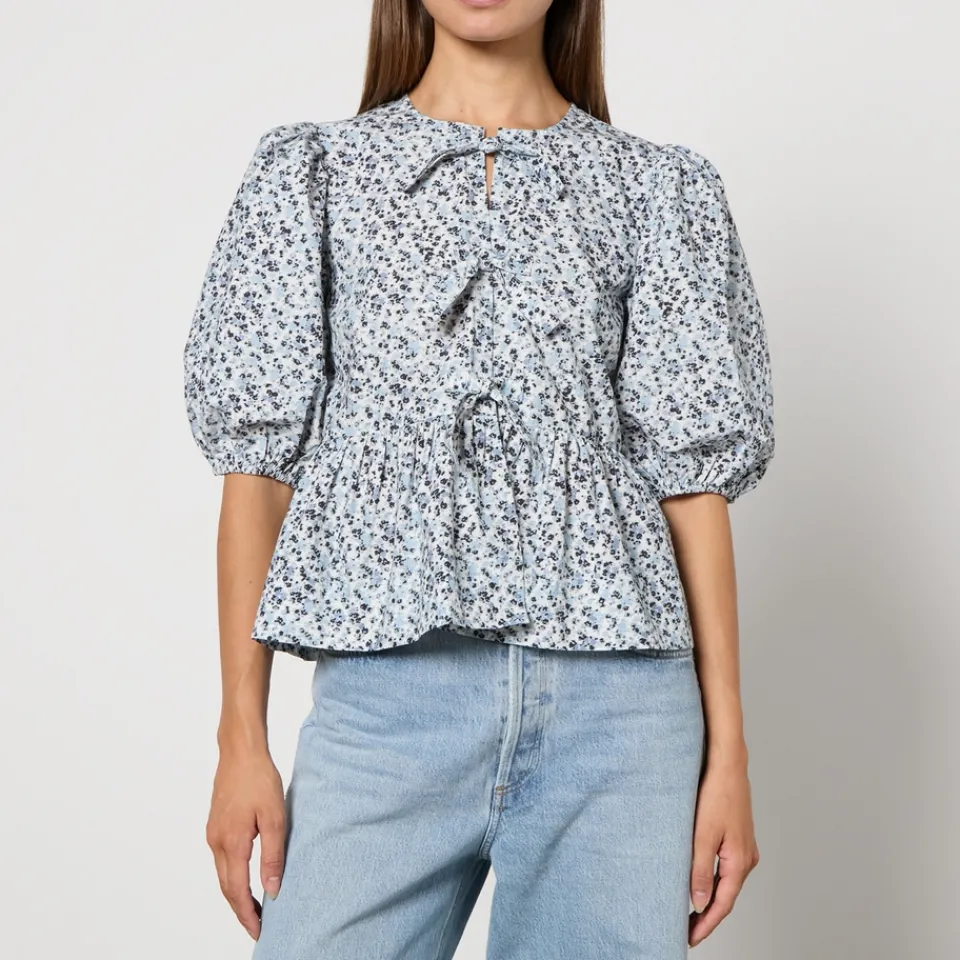 T-Shirts And Tops|Shirts And Blouses|Sleeper Ganni Printed Cotton-Poplin Peplum Blouse - EU 36/UK 8