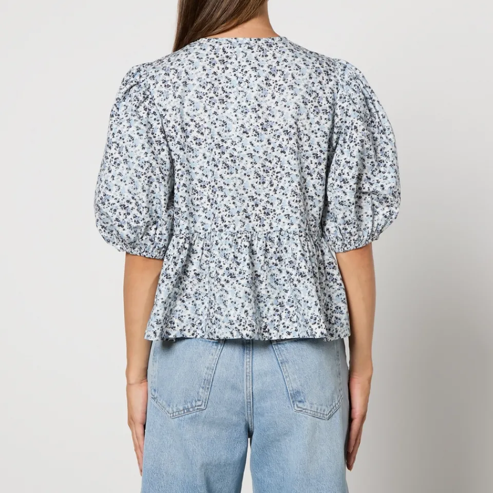T-Shirts And Tops|Shirts And Blouses|Sleeper Ganni Printed Cotton-Poplin Peplum Blouse - EU 36/UK 8