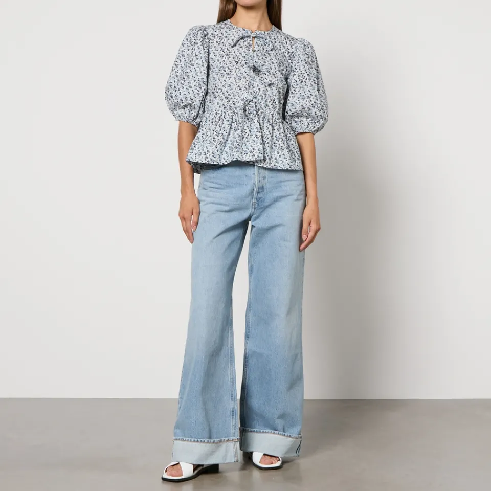 T-Shirts And Tops|Shirts And Blouses|Sleeper Ganni Printed Cotton-Poplin Peplum Blouse - EU 36/UK 8