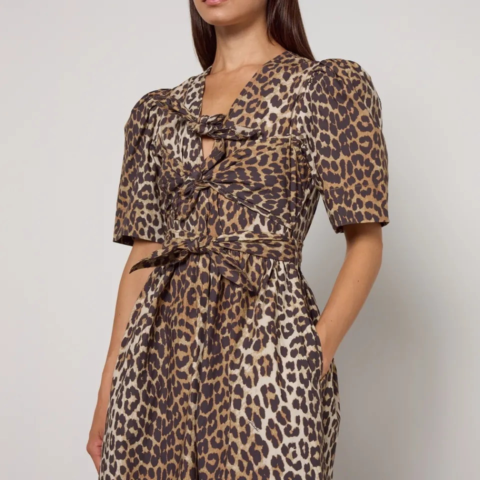 Dresses|Dresses|Ganni Printed Tie Strap Leopard-Print Cotton Midi Dress - EU 36/UK 8