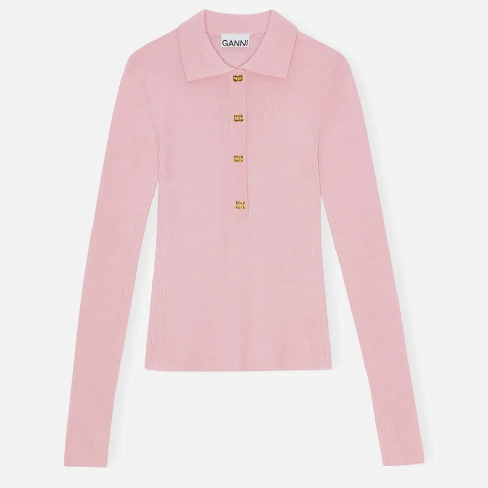 Knitwear|Ganni Ribbed Merino Wool Polo - M