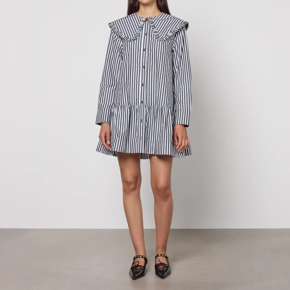 Dresses|Dresses|Anine Bing Ganni Stripe Big Collar Cotton-Poplin Mini Shirt Dress - UK 6