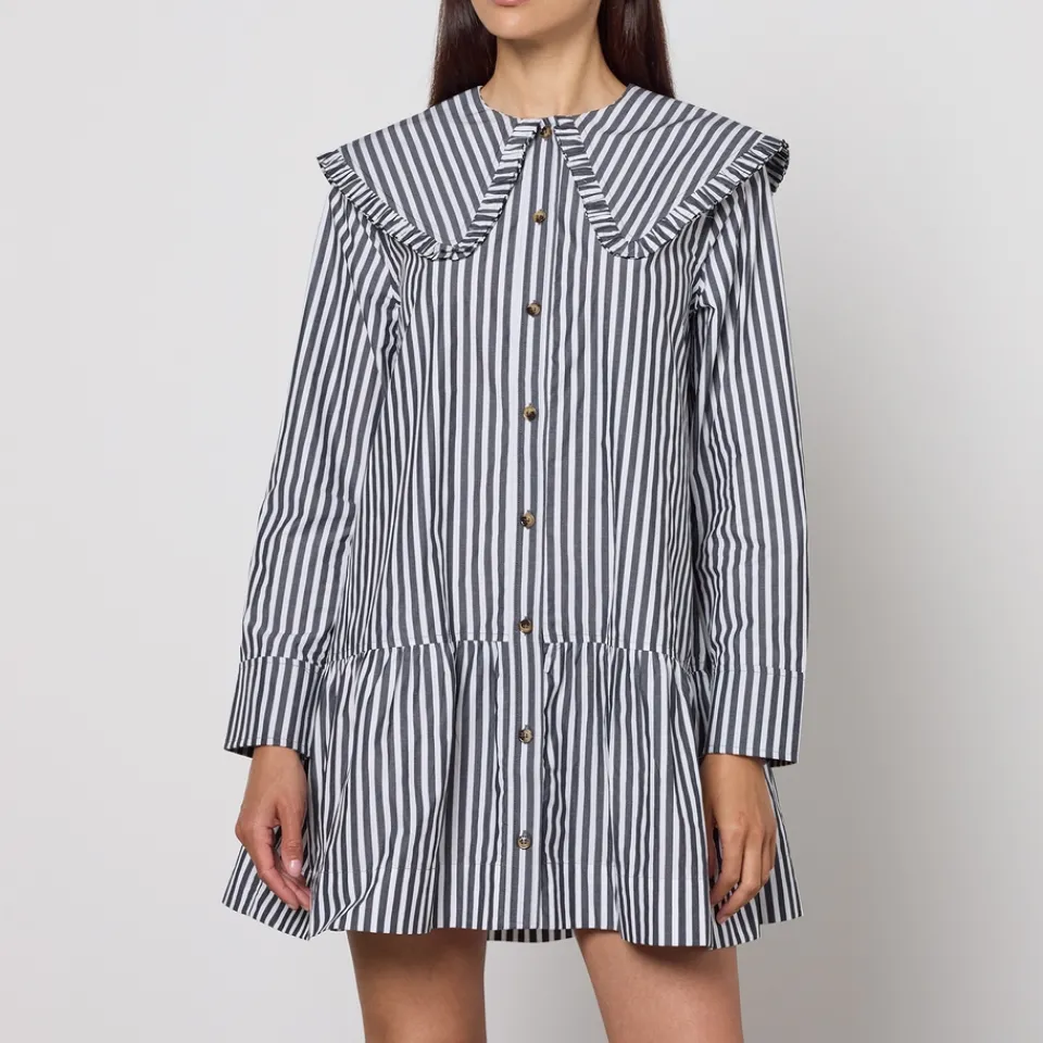 Dresses|Dresses|Anine Bing Ganni Stripe Big Collar Cotton-Poplin Mini Shirt Dress - UK 6