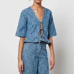 Co-Ord Sets|T-Shirts And Tops|Dr. Martens Ganni Tie-Front Jacquard-Denim Blouse - EU 42/UK 14
