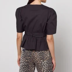 T-Shirts And Tops|Shirts And Blouses|Ganni Washed Cotton-Blend Poplin Tie Strap Blouse - EU 34/UK 6
