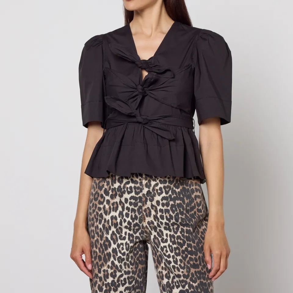 T-Shirts And Tops|Shirts And Blouses|Ganni Washed Cotton-Blend Poplin Tie Strap Blouse - EU 34/UK 6