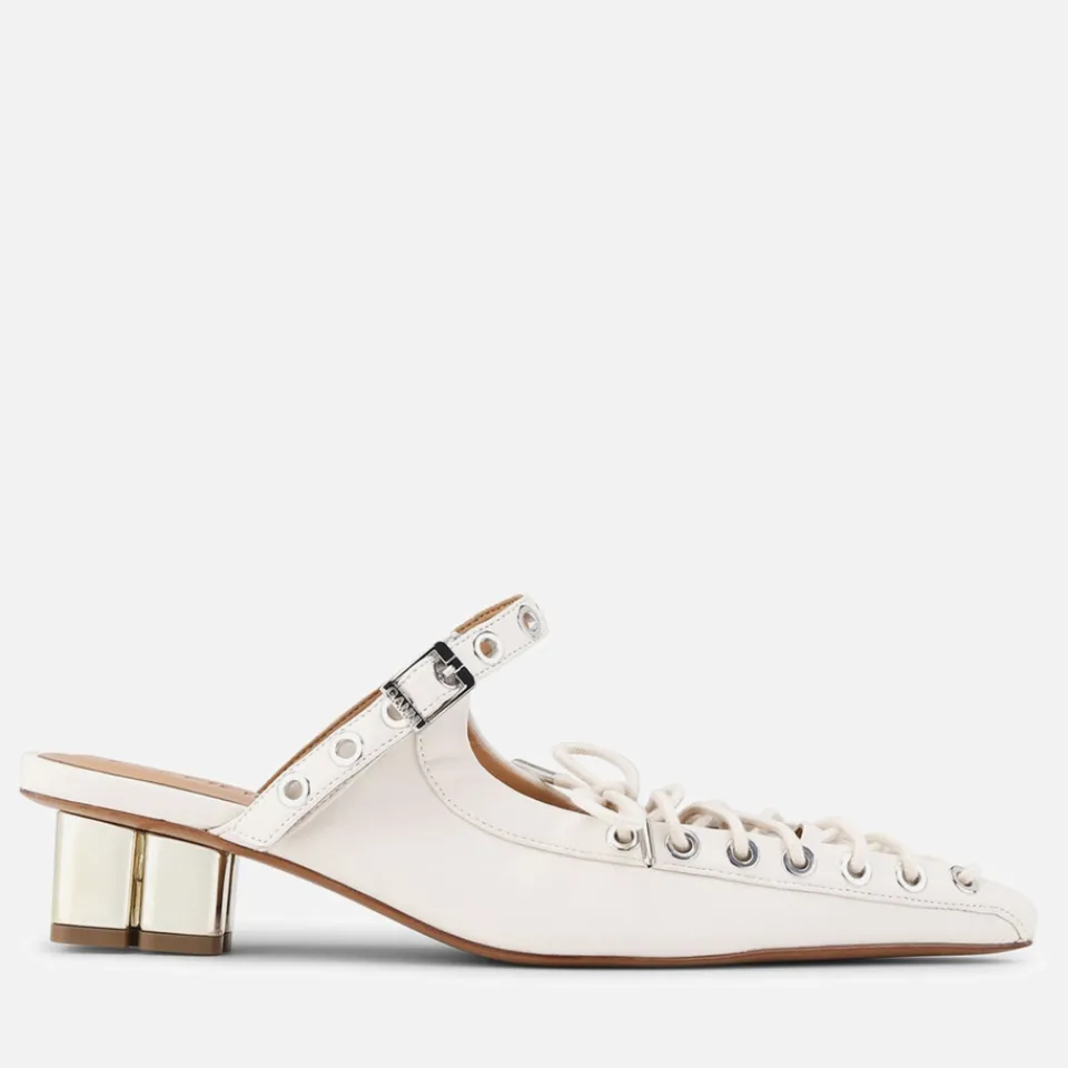 Heels|Ganni Women's Eyelet-Embellished Oleatex® Heeled Mules - UK 3