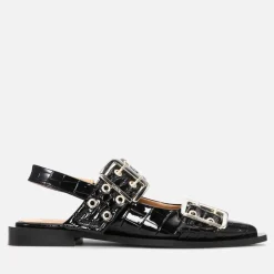 Flats|Ganni Women's Patent Croc-Effect Leather Ballerina Flats - UK 3