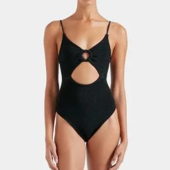 Swimwear|Swimwear|Hunza G Crystal Hoop Detail Stretch-Seersucker Swimsuit