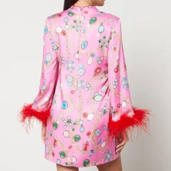 Dresses|Dresses|Ganni Kitri Carlotta Printed Feather-Trimmed Satin Mini Dress - UK 8