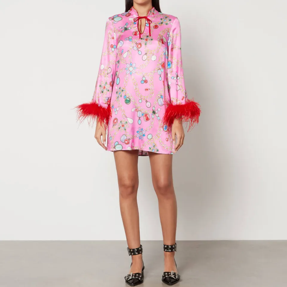 Dresses|Dresses|Ganni Kitri Carlotta Printed Feather-Trimmed Satin Mini Dress - UK 8