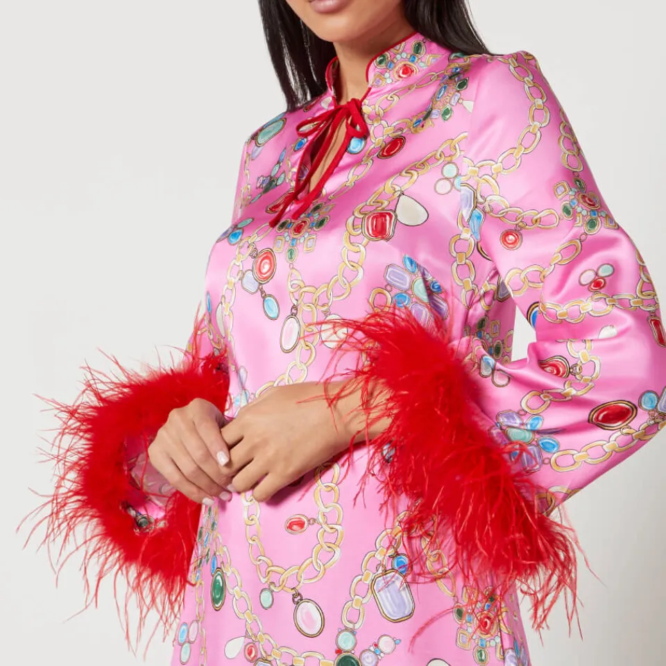 Dresses|Dresses|Ganni Kitri Carlotta Printed Feather-Trimmed Satin Mini Dress - UK 8
