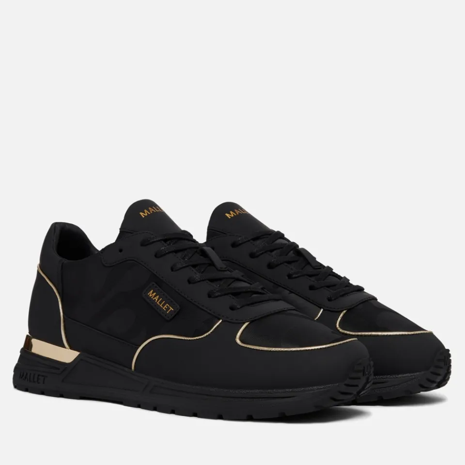 Trainers|Dr. Martens Mallet Men's Popham Lite Leather-Blend Triple Black Gold Camo Trainers - UK 7