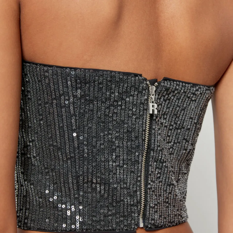 T-Shirts And Tops|Stepney Workers Club Rotate Birger Christensen Sequinned Denim Cropped Top - DK 32/UK 6