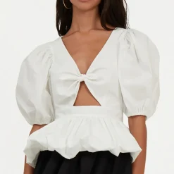 T-Shirts And Tops|Shirts And Blouses|ROTATE Birger Christensen Puff Sleeve Cotton-Blend Poplin Top - UK 6