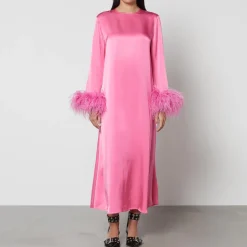 Dresses|Dresses|Sleeper Suzi Feather-Trimmed Satin Maxi Dress - XS